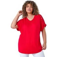 Rayon Tops Roman Curve Lace Shoulder Stretch Jersey T-Shirt Red