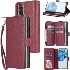 Samsung Galaxy S20+ Wallet Cases GANGXUN Red Case For Samsung Galaxy S20 Plus Card Holder Wallet Case With 9 Card Slots Zipper Pocket With Hand Strap Flip Cover