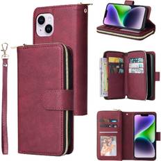 Apple iPhone 14 Plus Wallet Cases GANGXUN Red Case For IPhone 14 Plus Flip Cover Wallet Case With 9 Card Slots Zipper Pocket With Hand Strap Card Holder