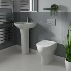 Wholesale Domestic Bailey 550mm Full Pedestal Basin and Back to Wall Toilet Suite with High In Wall Concealed Cistern and Satin Chrome Flush Plate White Wholesale