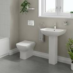 Wholesale Domestic Lyon 545mm Full Pedestal Basin and Back to Wall Toilet Suite with High In Wall Concealed Cistern and Polished Chrome Flush Plate White Wholesale