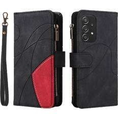 Samsung Galaxy A52 Wallet Cases GANGXUN Black Case For Samsung Galaxy A52 5G/A52S With Card Slot Stand Two-color Stitching Zipper Wallet Style Nine Card Slots Kickstand Protective