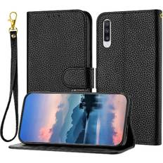 Samsung Galaxy A70 Wallet Cases GANGXUN Black Phone Case For Samsung Galaxy A70/A70S PU Lether Flip Folio Card Slots Holder Litchi Pattern Wallet