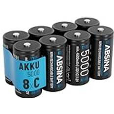 Absina 8 x batterier C Baby LR 14 uppladdningsbara 5 000 med låg självurladdning – C-batterier NiMH med min. 4 500 mAh & 1,2 V – Baby C-batteri, babybatterier, batterier baby C, batteri C LR14