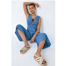 High Waist Jumpsuits & Overalls Roman Sleeveless Wide Leg Culotte Jumpsuit Blue