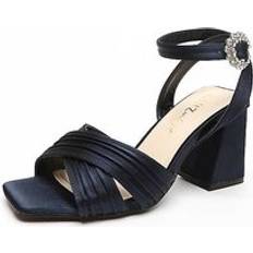 Blue - Women Heeled Sandals Quiz Navy Satin Pleated Block Heel Sandal, Dark Blue, 8, Women