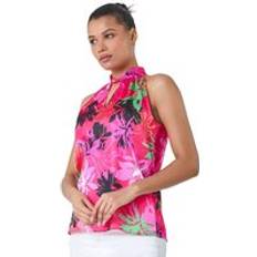 Clothing Roman Floral High Neck Keyhole Detail Top Fuchsia