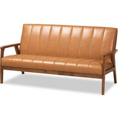 Leathers Sofas Baxton Studio Nikko Tan & Walnut Brown Sofa 64" 3 Seater