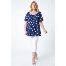 Elastane/Lycra/Spandex Blouses Roman Curve Polka Dot Peplum Stretch Top Navy