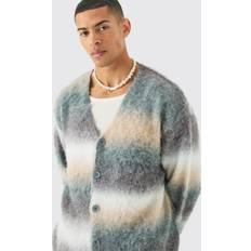 Men Cardigans boohooMAN Mens Boxy Fit Knitted Brushed Stripe Cardigan In Sage Green