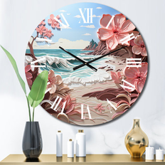 Clocks Design Art "Pink Beachside Bloom Papercut II" Nautical Beach Oversized Wall Clock