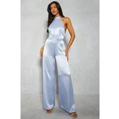 Cropped Jumpsuits & Overalls Misspap Textured Satin Halterneck Low Back Wide Leg Jumpsuit Pale Blue