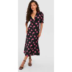 boohoo Womens Ditsy Floral Shirred Cuff Midi Dress Black