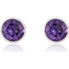 Oro Blanco Pendientes 9ct White Gold Amethyst 5mm Round Rub Over Set Stud Earrings Gold