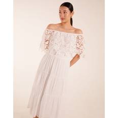 White Dresses Blue Vanilla Crochet Lace Shirred Waist Midi Dress IVORY