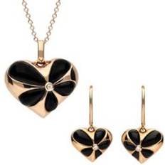 Rose Gold Jewellery Sets C. W. Sellors 18ct Rose Gold Whitby Jet Diamond Flower Heart Two Piece Set