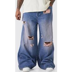 Men - Pink Jeans boohooMAN Mens Plus Extreme Baggy Overdyed Frayed Self Fabric Applique Jean Pink