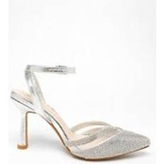 Quiz Silver Diamante Mesh Court Heels, Silver, 6, Women Ilver