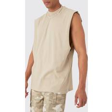 Beige - Men Tank Tops boohooMAN Mens Drop Armhole Extended Neck Heavy Tank Beige