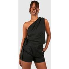 Zebra Tops boohoo Linen Asymmetric Ruched Blouse Black