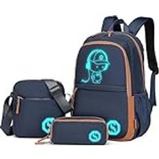 Kono Luminous Skolryggsäck 3-i-1 Set, Anime Pojkar Skolväska Axelväska Pennfodral, 15,6" Laptop Ryggsäck för Studenter Tonåringar Flickor Navy