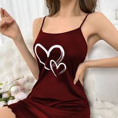 Red - Women Nightgowns Shein Women Simple Heart Print Camisole Sleep Dress