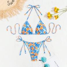 Multicoloured - Women Bikini Sets Shein Summer Beach Floral Print Halter Neck Bikini Set - Random Print