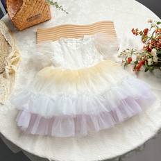 Beige Dresses Shein Baby Girl Lace Tulle Ruffle Hem Dress With Puff Sleeves