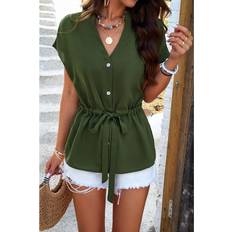 Turquoise - Women Shirts Elings Women's Tailored V-Neck Peplum Shirt Green 8-10