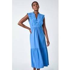 Clothing Roman Broderie Frilled Cotton Midi Dress Light Blue