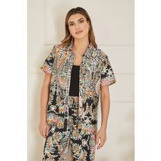 Polyester Shirts Yumi Black Satin Paisley Print Short Sleeve Shirt