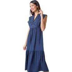 Clothing Roman Broderie Frilled Cotton Midi Dress Navy