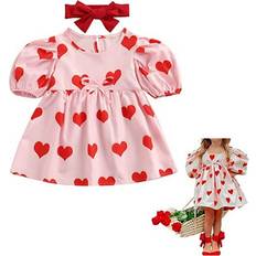 DcoolMoogl Toddler Valentines Day Short Puff Sleeve Ruffle Heart Print Dress with Bow Belt - Pink