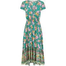 Viscose Dresses Yumi Festival Floral Print Ruched Waist Maxi Dress - Green