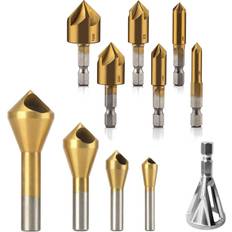 Greenzech 11Pcs Titanium Coating Countersink Drill Bit Set 5 Flutes Chamfer Drill Deburring Bit External Deburring Drill Bit