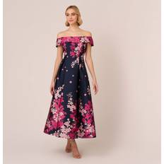 Adrianna Papell Floral Jacquard Ankle Length Dress With Off The Shoulder Neckline In Navy Pink Multi