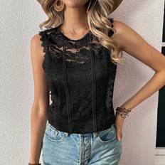 Polyamide Tank Tops Shein Women's Elegant Black Top Summer Sleeveless Lace Slim Fit Elegant Casual Tank Top