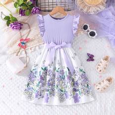 Purple Dresses Shein Elegant Summer Girls' Dress With Floral Butterfly Printed Short Sleeves, Round Neck, Hairband Set