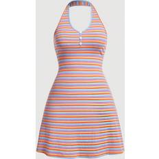 Fodralklänningar & Tighta klänningar - Multifärgade Shein Dopamine Colored Striped Slim Stretchy Halter Neck Dress With Front Middle Button Decoration