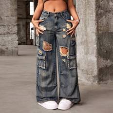 Shein Jeans Shein Women Ripped And Pocketed Wide Leg Casual Jeans