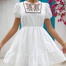 Linne - Multifärgade Klänningar Shein Flower Embroidery Waist-Cinching Ruffle Hem Bubble Sleeve Vacation Casual Dress Women Linen Clothes Summer Fits Cotton Women Dresses Sundress Short A
