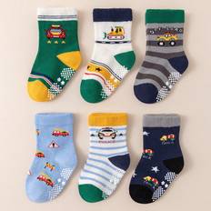 6pairs Boys' Anti-skid Cartoon Construction Vehicles And Police Car Series Floor Socks For Infant And Toddler
