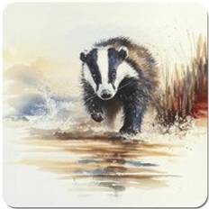 Brown Coasters Warren Reed Wading Badger Watercolour Coaster 4pcs