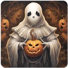 White Coasters Warren Reed Spooky White Ghost Holding Pumpkin Coaster 4pcs