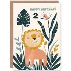 Cheap Cards & Invitations ARTERY8 2nd Birthday Card Cute Happy Lion Jungle Flowers Kids Age 2 Year Old Child For Son Daughter Girl Boy Happy Card Green One Size