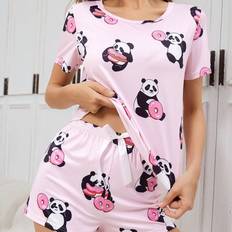 Stretch - Women Sleepwear Shein Panda & Donut Pattern Round Neck Women's Pajama Set