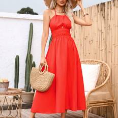 Knee Length Dresses - Red Shein Summer Casual Hollow Out Waist Cinched Spaghetti Strap Dress