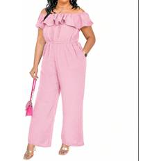 Ruffles Jumpsuits & Overalls Shein Plus Women Summer Solid Color Ruffle Off Shoulder Wide Leg Loose Jumpsuit