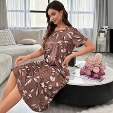 Bruna Nattlinnen Shein Brown Floral Print Loose Fit Short Sleeve Casual Sleep Dress For Summer