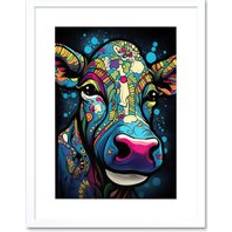 Acrylic Framed Art ARTERY8 Psychedelic Pattern Cow Acrylic Painting Colourful Folk Modern Pop Framed Art